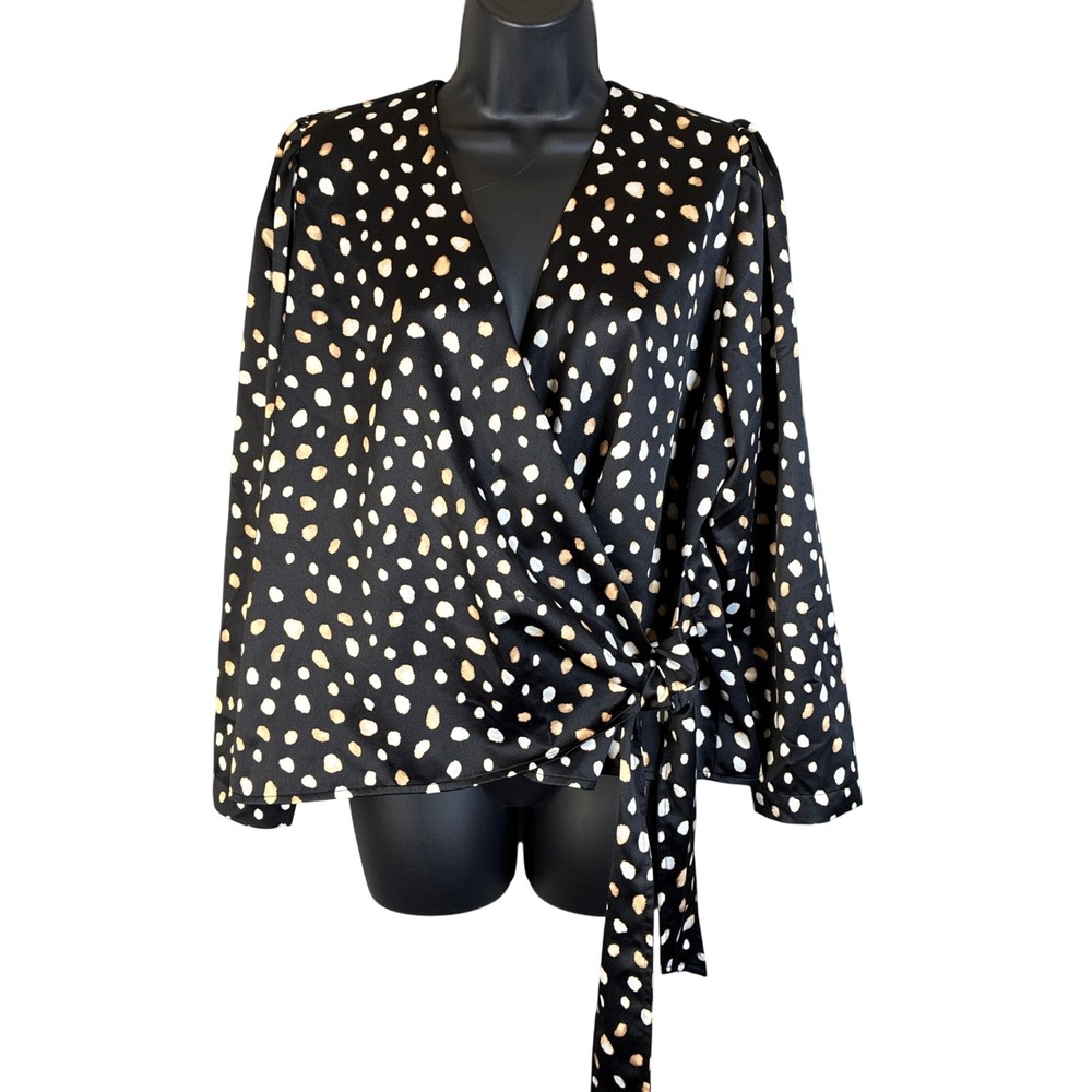 Ann Taylor Petite Polka Dot Wrap Blouse Black Tan V-Neck Long Sleeve XLP READ